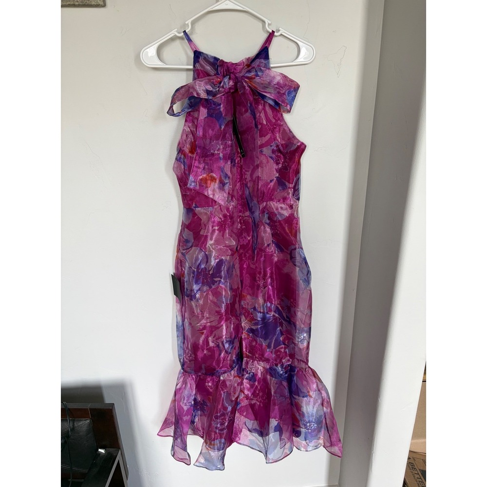 Lulus Magenta Floral Organza Halter Midi Dress Purple Blue Ruffle Hem NWT Size M